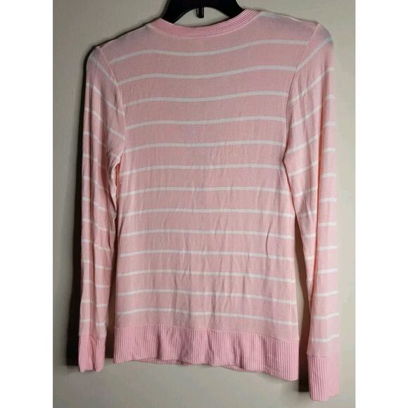 Zenana Outfitters Striped Cardigan Peach & White Small Bronze Colored Snaps - Picture 4 of 4